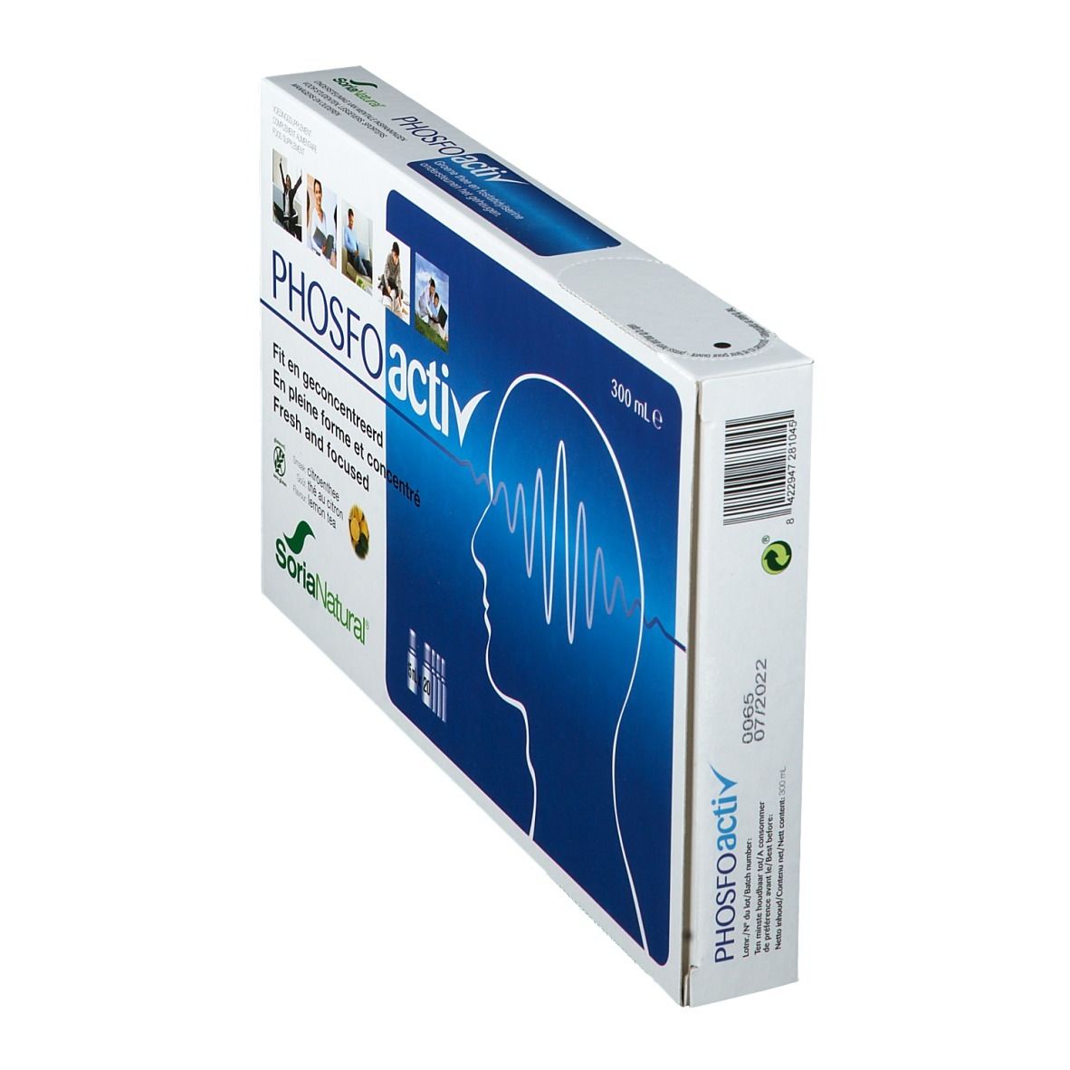 Scatola "PHOSFOactiv" in prospettiva. Colori blu e bianco. Marchio: Soria Natural. Con codice a barre e data di scadenza.