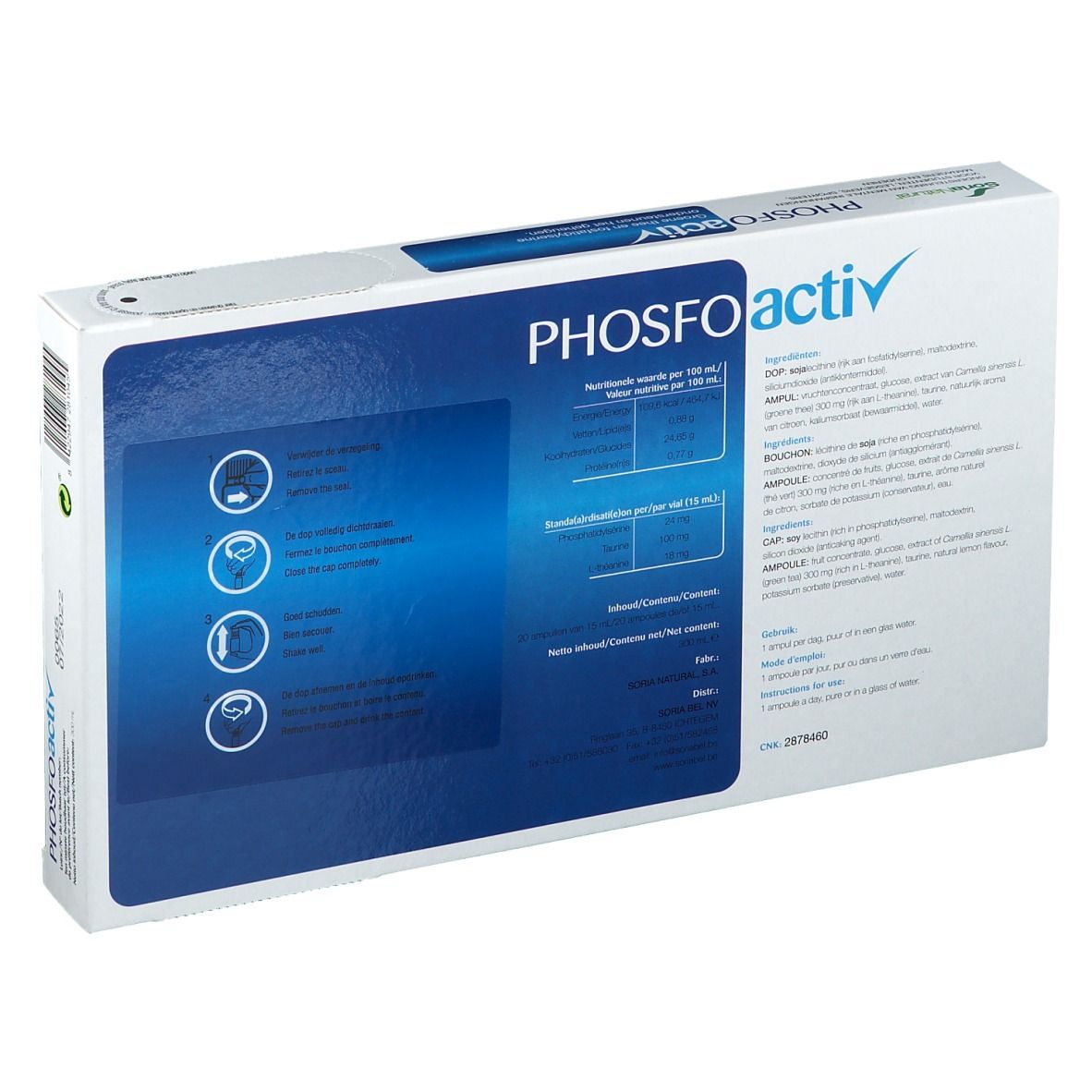 Retro della scatola "PHOSFOactiv". Contiene tabelle e informazioni testuali. Marchio: Soria Natural. Con informazioni sul contenuto.