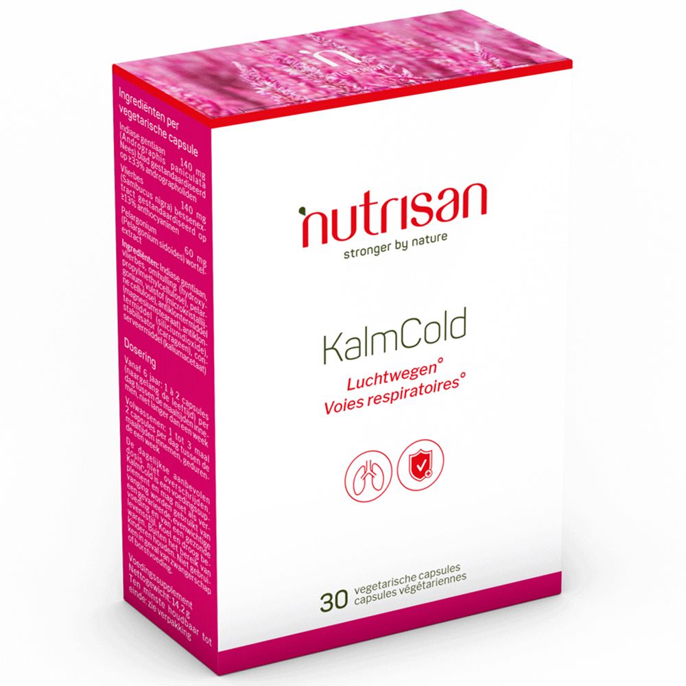 Scatola Nutrisan KalmCold con 30 capsule vegetariane. Scritte in tedesco e francese. Logo Nutrisan e dettagli prodotto.