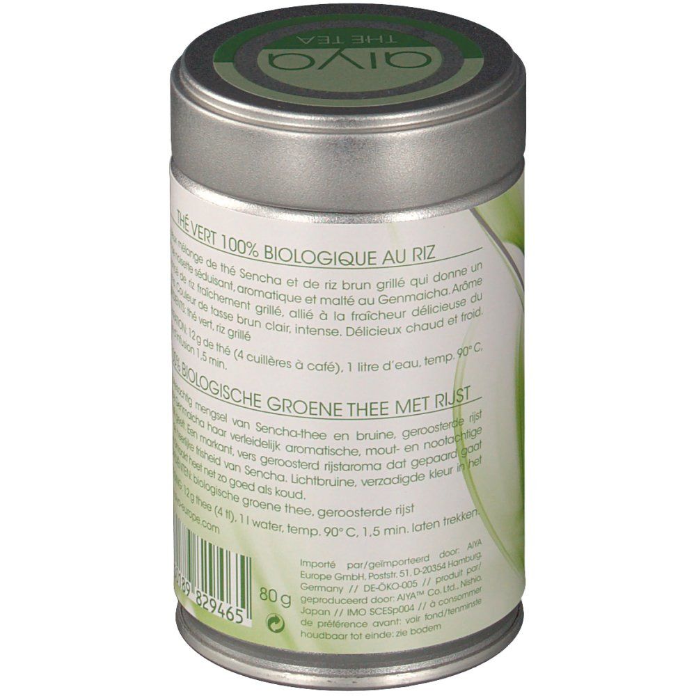 Barattolo cilindrico, vista laterale. Testo: Thé Vert 100% Biologique au Riz, ingredienti, preparazione. Marchio bio.