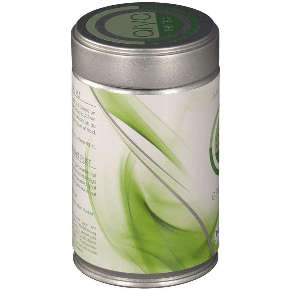 Barattolo cilindrico, vista laterale. Testo: Thé Vert 100% Biologique au Riz. Sfondo verde curvo.