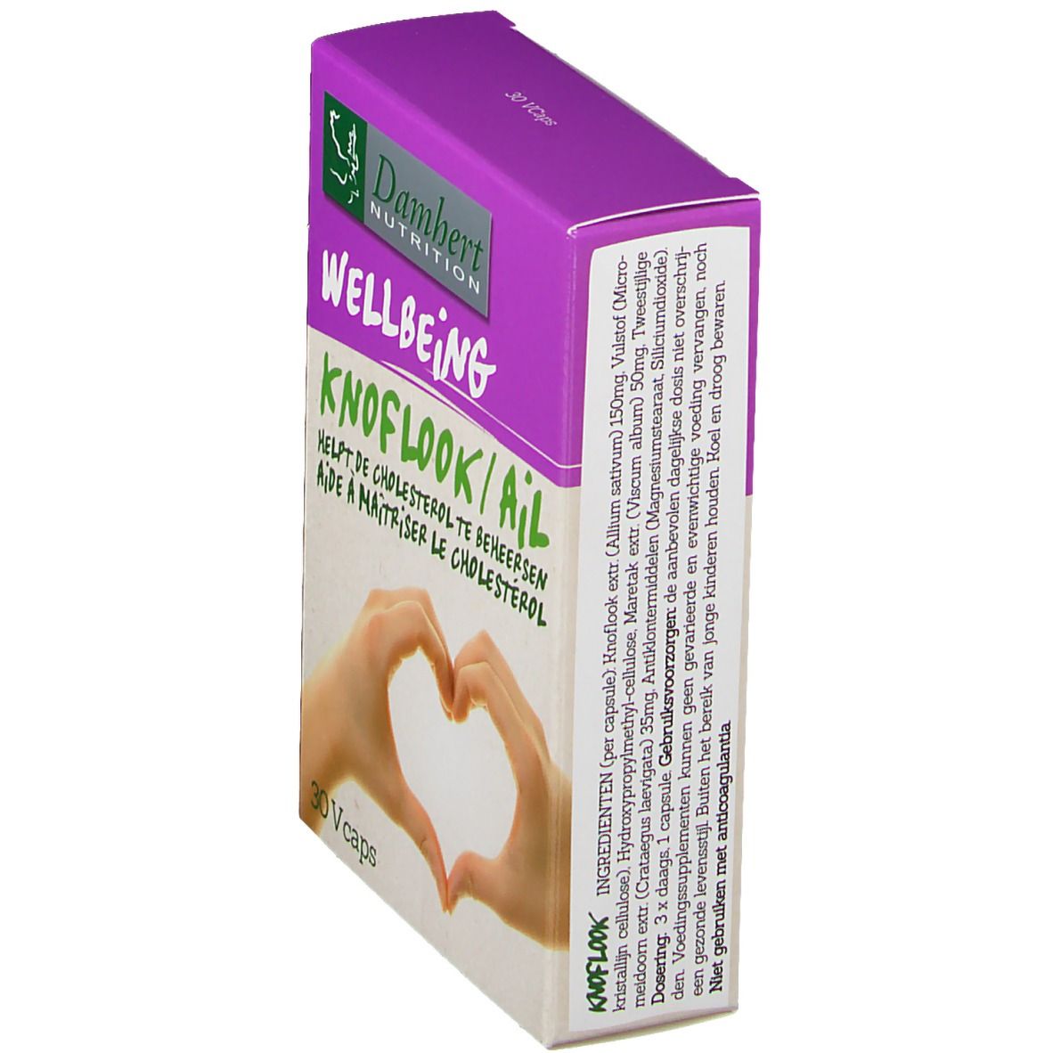 Vista obliqua della confezione Damhert WELLBEING Knoblauch. Scatola viola e bianca con informazioni e ingredienti.