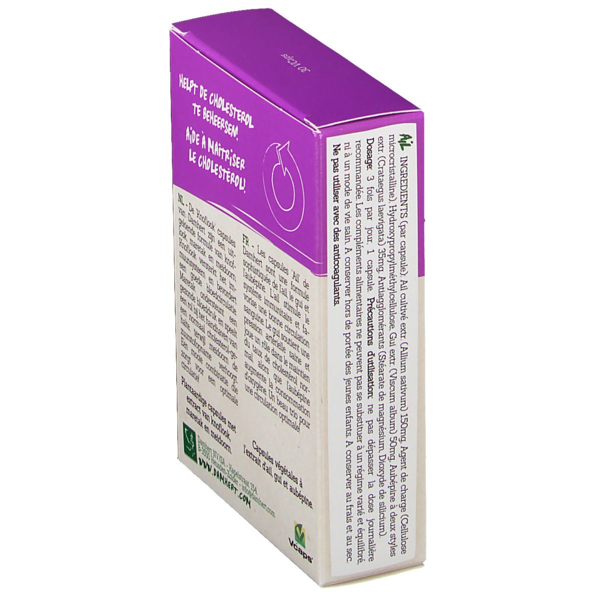 Vista obliqua del retro della confezione Damhert WELLBEING Knoblauch. Testo e logo.
