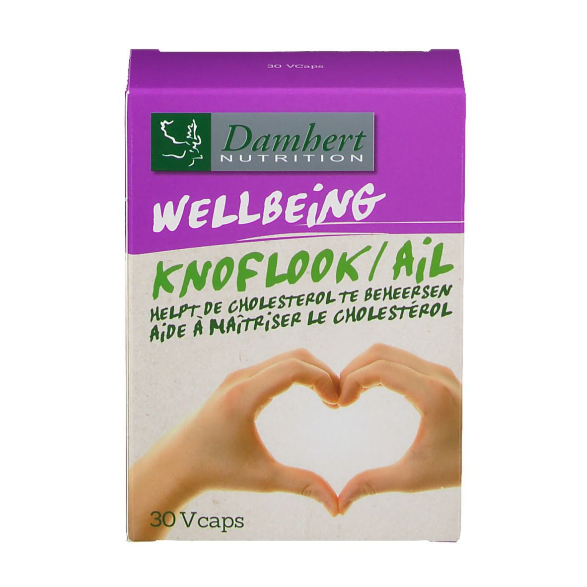 Vista frontale della confezione Damhert WELLBEING Knoblauch. Scatola viola e bianca con nome e mani a cuore.