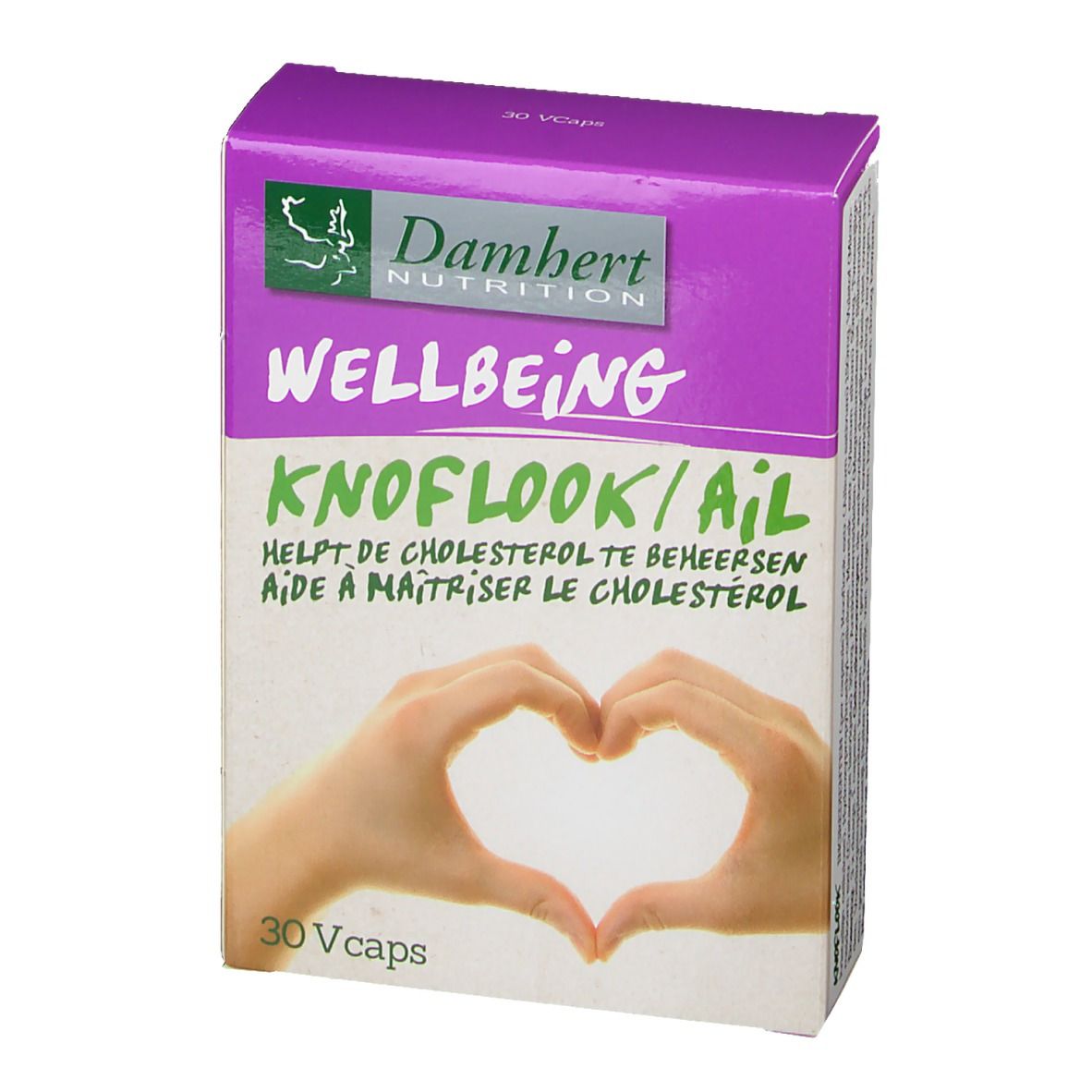 Vista frontale della confezione Damhert WELLBEING Knoblauch. Scatola viola e bianca con nome e mani a cuore.