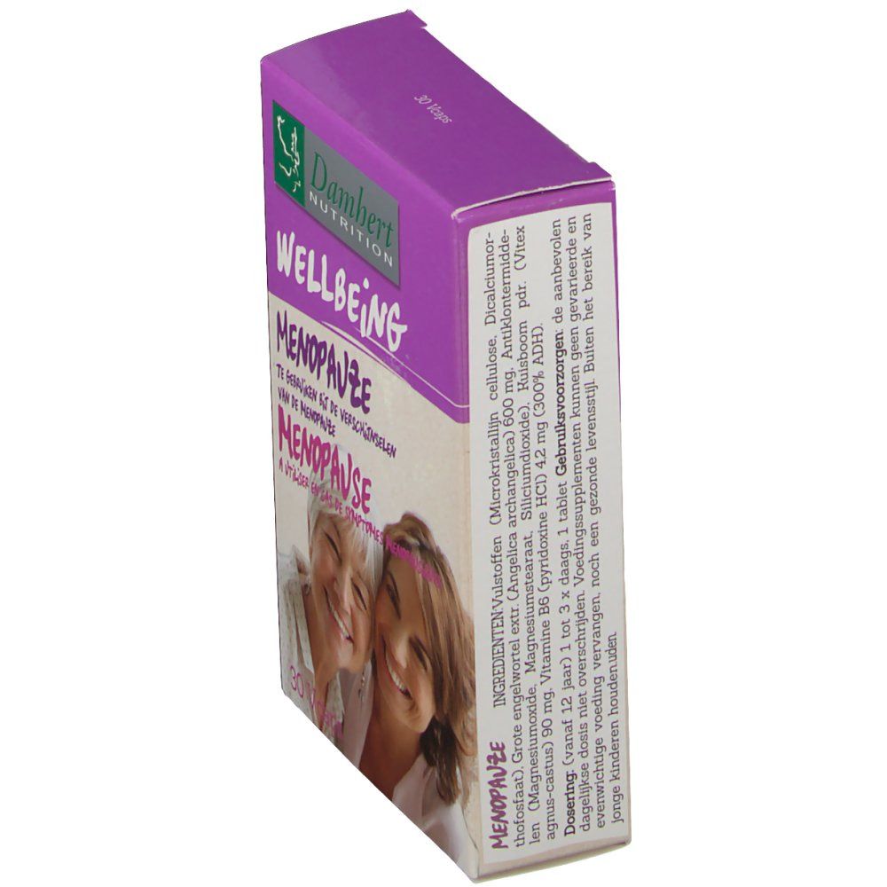 Scatola con nome del prodotto ed elenco ingredienti. Combinazione di colori viola e beige. Testo: Menopausa, Benessere.