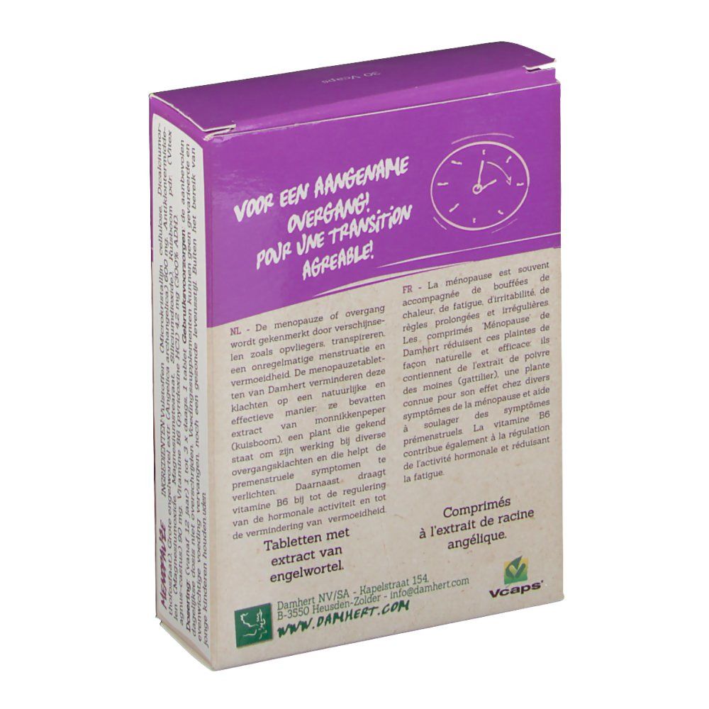 Retro della scatola con testo e logo. Combinazione di colori viola e beige. Testo: Menopausa, compresse.