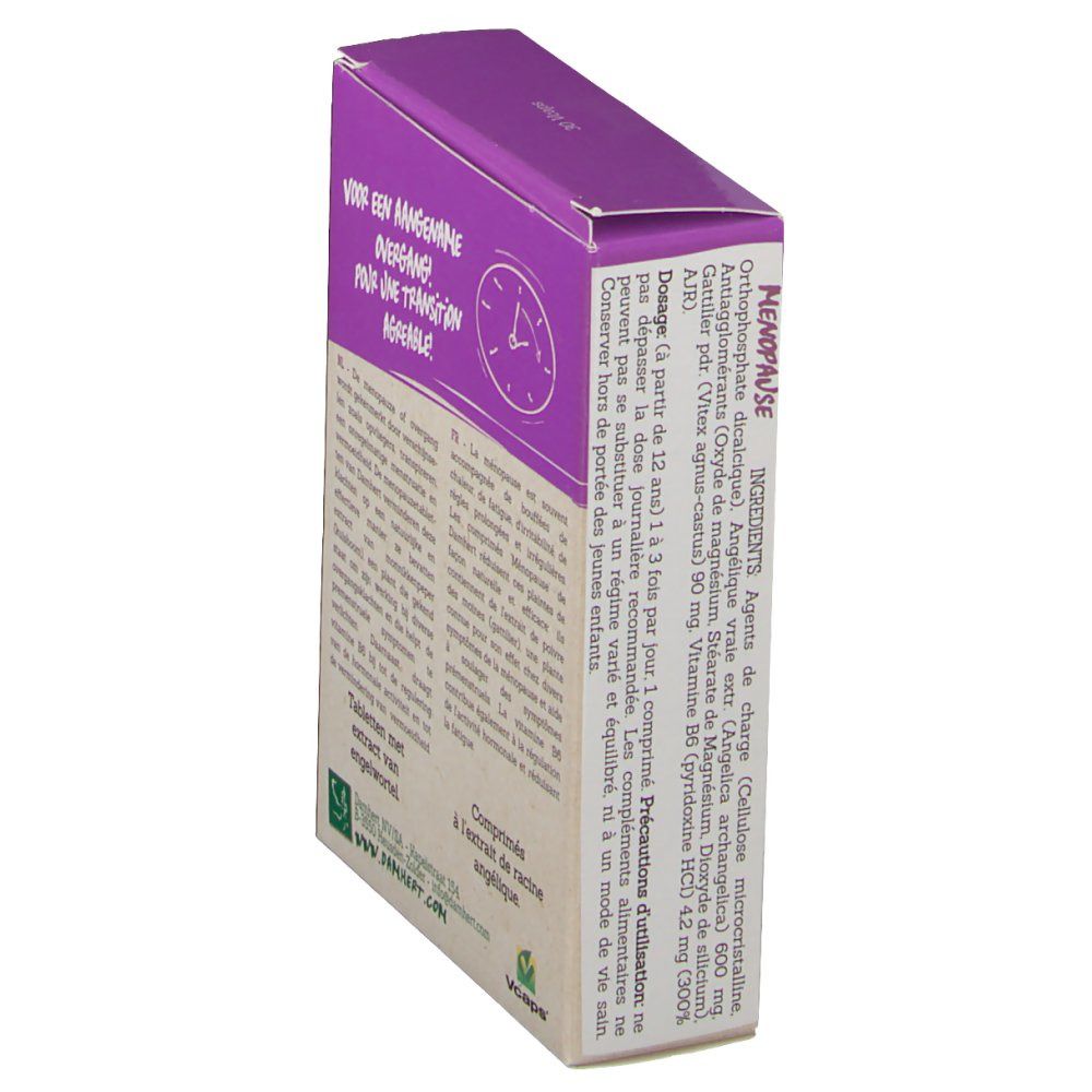 Scatola con testo e logo. Combinazione di colori viola e beige. Testo: Menopausa, compresse, ingredienti.