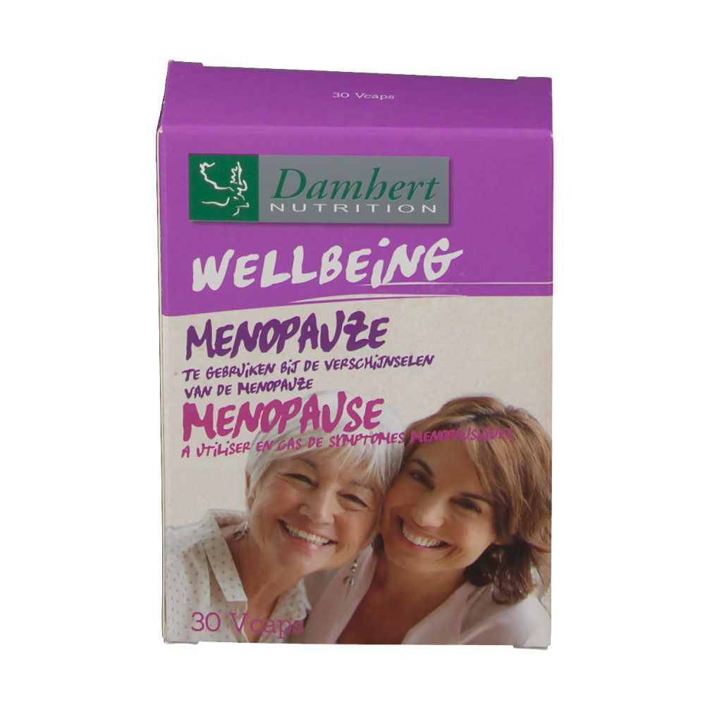 Scatola viola con nome del prodotto e due donne sorridenti. Testo: Menopausa, Benessere.