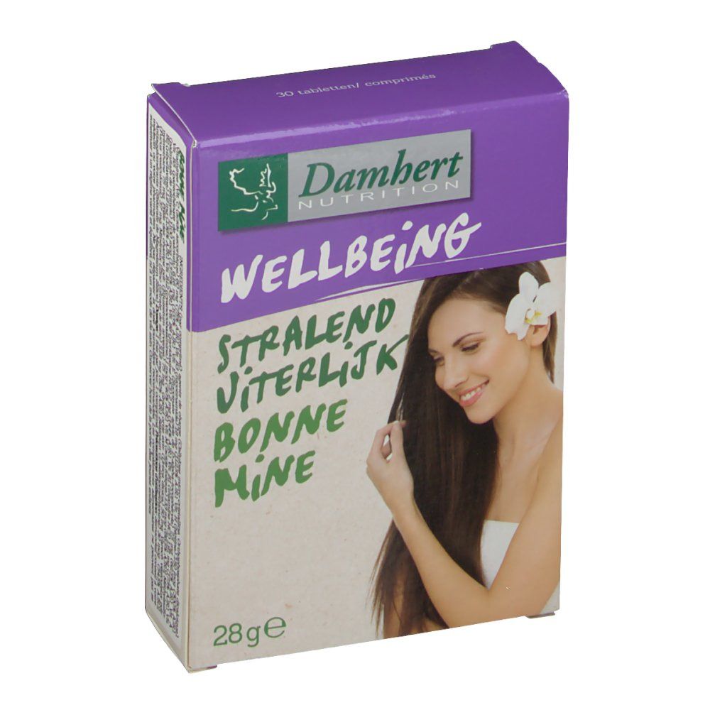Scatola Damhert Bonne Mine. Coperchio viola, testo verde. Contiene compresse. Scritta: Wellbeing, Stralend, Viterlijk, Bonne Mine. Donna con fiore.