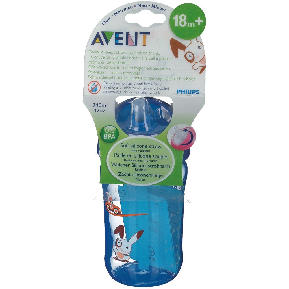 Bicchiere blu con cannuccia, 18m+. Senza BPA. Con coperchio e disegni. Confezione con informazioni sul prodotto.