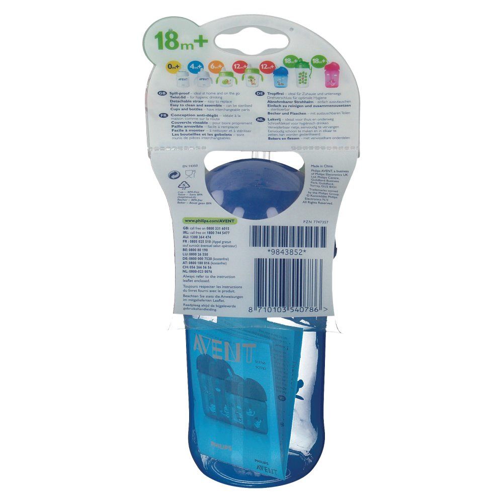 Retro della confezione del bicchiere blu. Informazioni sul prodotto e codice a barre visibili.