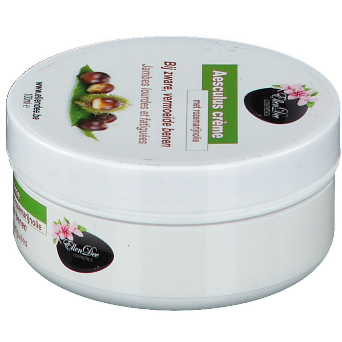 Vaso bianco con etichetta verde. Scritta: Aesculus crème, con olio di rosmarino. Illustrazione di castagne. Marchio: Ellen Dee Cosmetics.