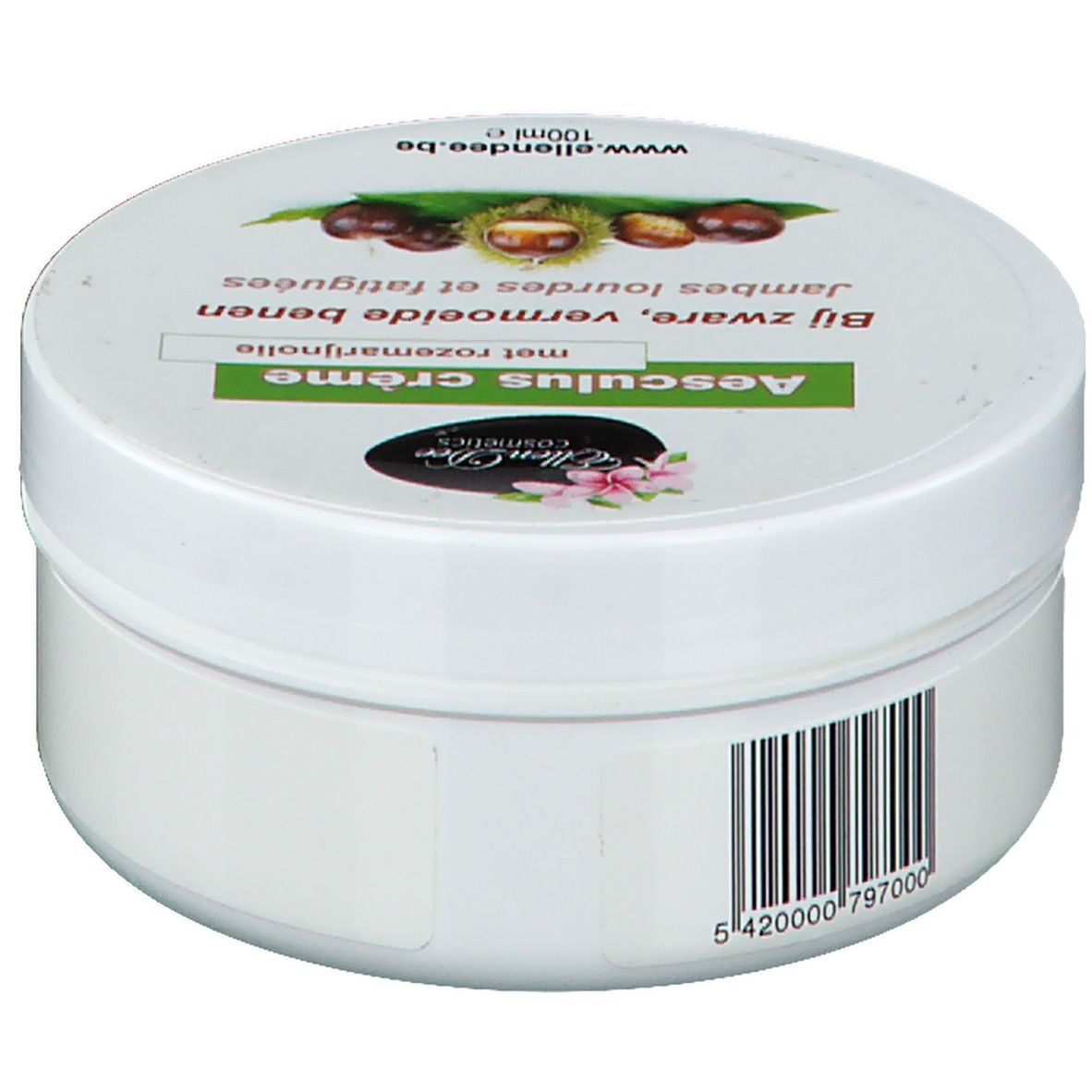 Vaso bianco con etichetta verde. Scritta: Aesculus crème, con olio di rosmarino. Codice a barre. Marchio: Ellen Dee Cosmetics.