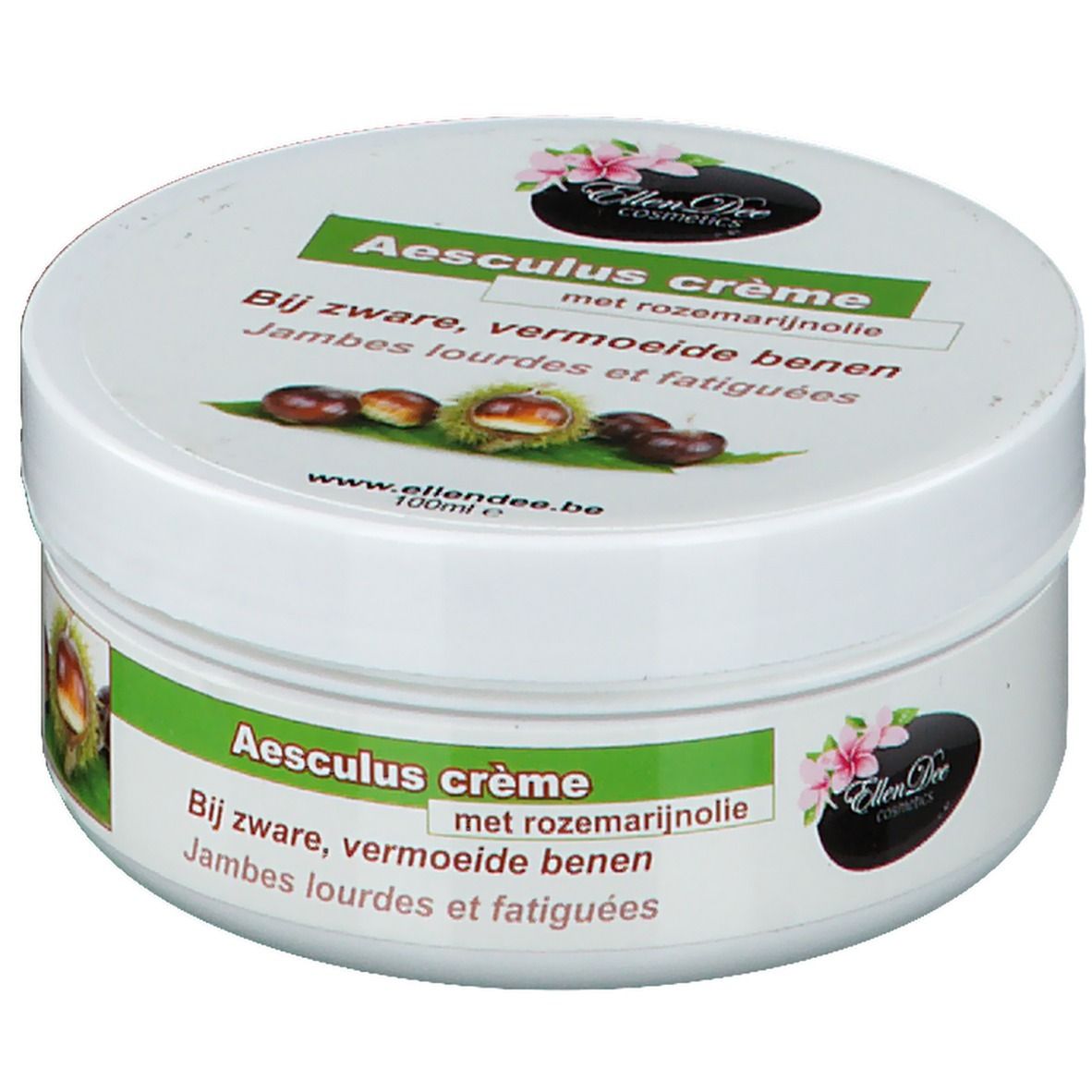 Vaso bianco con etichetta verde. Scritta: Aesculus crème, con olio di rosmarino. Illustrazione di castagne. Marchio: Ellen Dee Cosmetics.