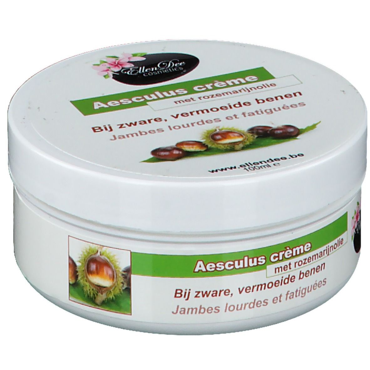 Vaso bianco con etichetta verde. Scritta: Aesculus crème, con olio di rosmarino. Illustrazione di castagne. Marchio: Ellen Dee Cosmetics.
