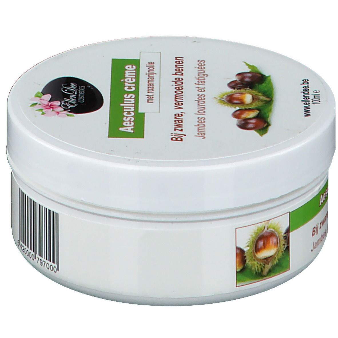 Vaso bianco con etichetta verde. Scritta: Aesculus crème, con olio di rosmarino. Illustrazione di castagne. Marchio: Ellen Dee Cosmetics.