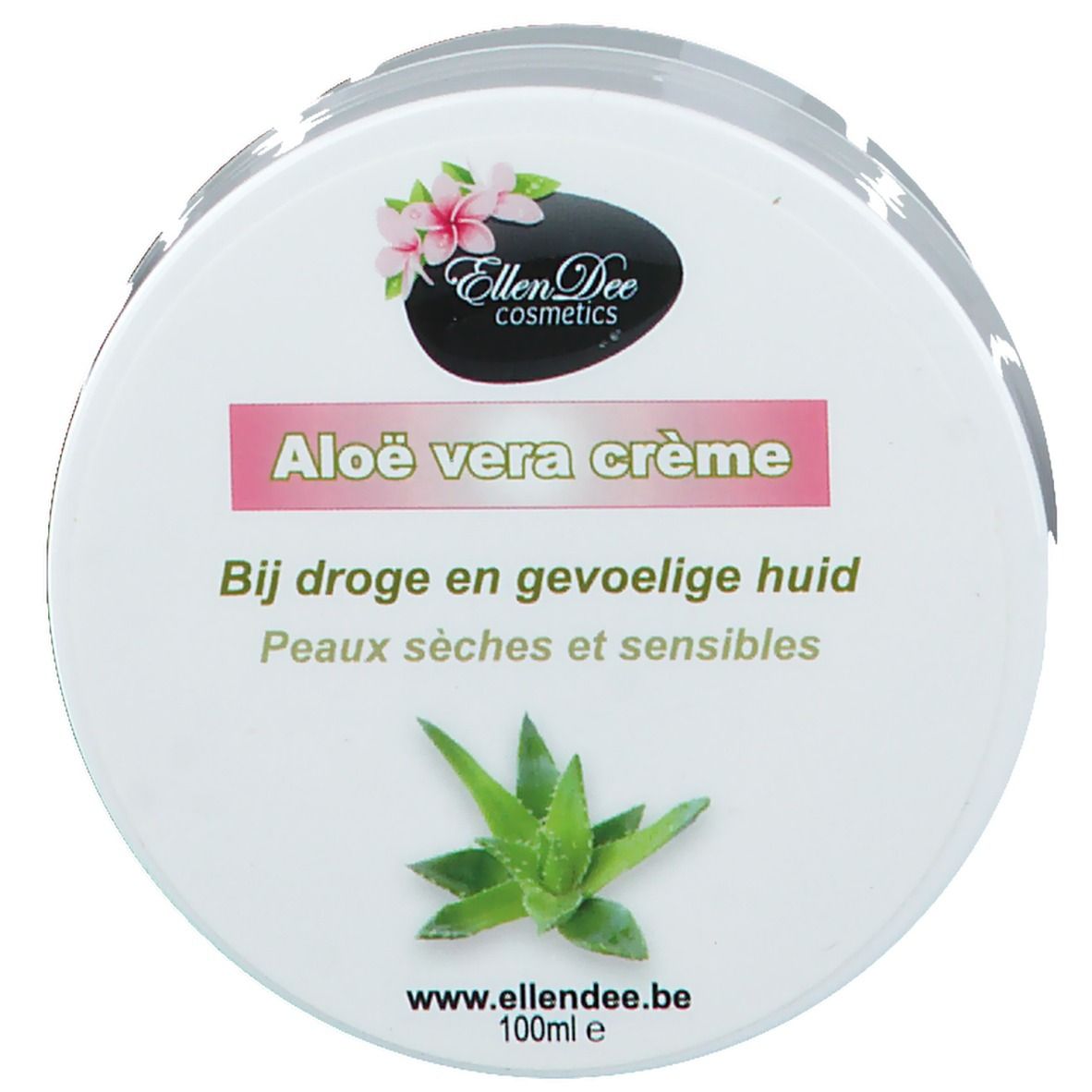 Vaso di crema con coperchio. Scritta: Aloe vera crème. Logo: Ellen Dee Cosmetics. Testo: Bij droge en gevoelige huid. Peaux sèches et sensibles.