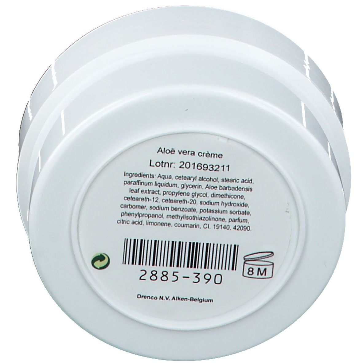 Fondo di un vaso di crema. Testo: Aloe vera crème. Ingredienti. Lotnr. 201693211. Codice a barre. Simbolo 8M. Produttore: Drenco N.V. Aken-Belgique.