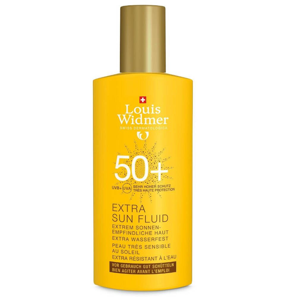 Flacone di crema solare giallo con tappo dorato. Scritta: Louis Widmer, 50+, Extra Sun Fluid.