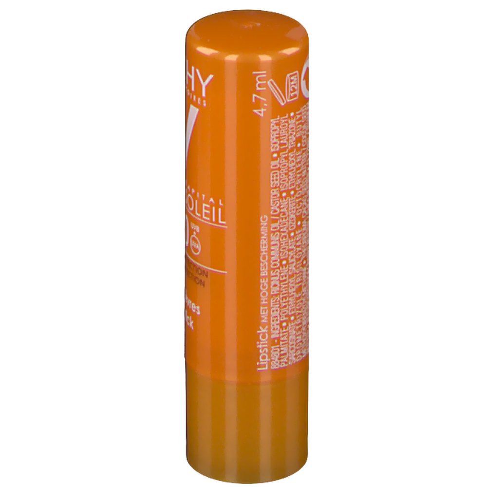 Stick labbra arancione. Scritte: VICHY, Idéal Soleil, SPF 30. Contenuto: 4,7 ml.