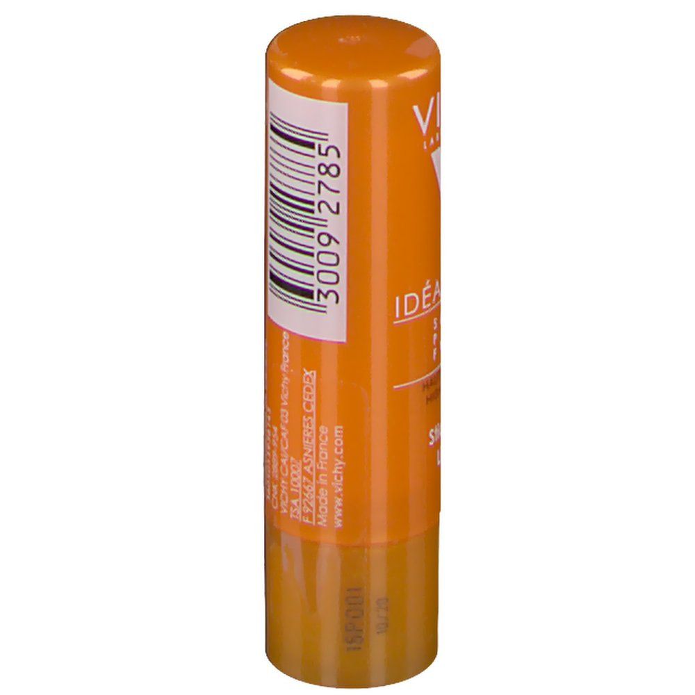 Stick labbra arancione. Codice a barre e testo. Scritte: VICHY, Idéal Soleil, SPF 30.
