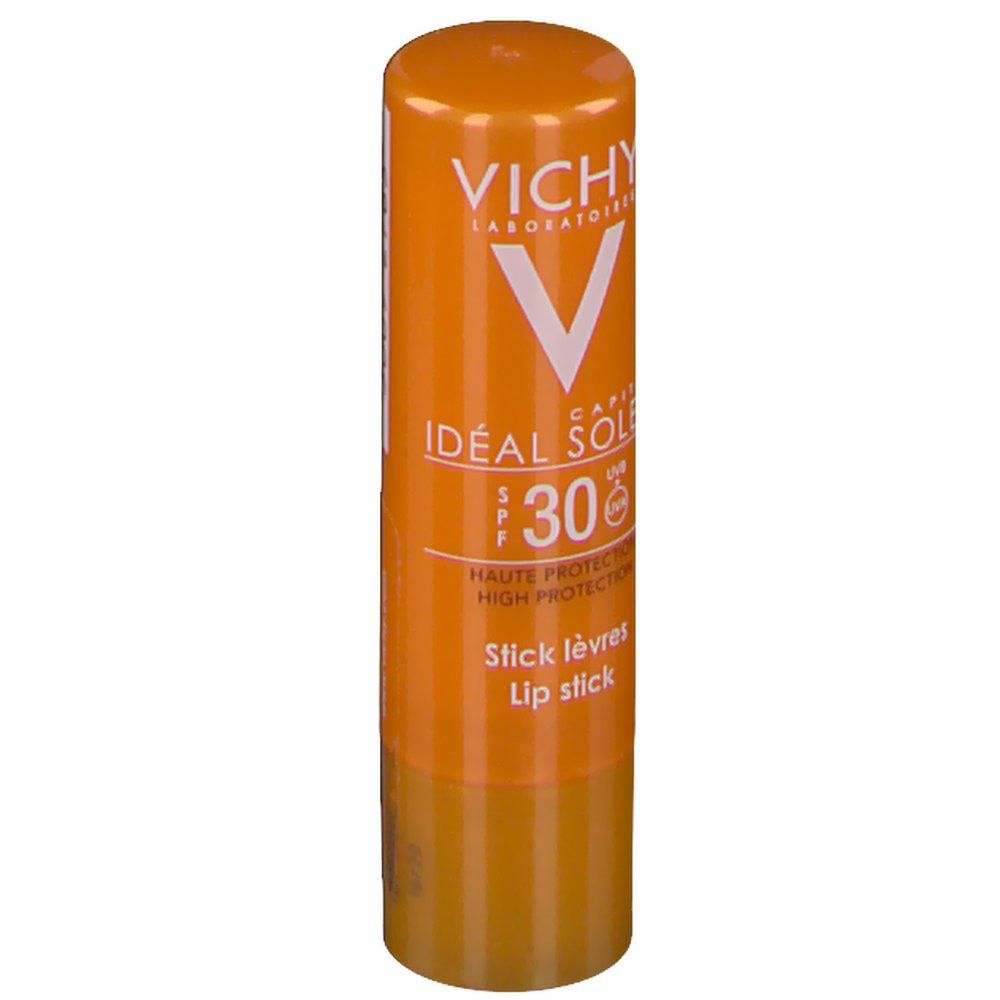 Stick labbra arancione. Scritte: VICHY, Idéal Soleil, SPF 30, Stick lèvres, Lip stick.