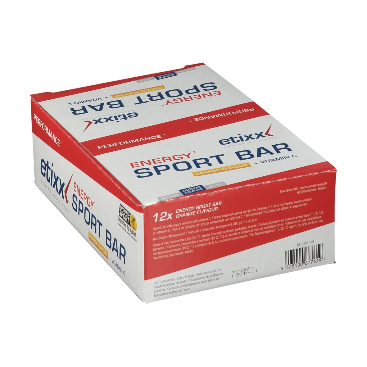 Scatola Etixx Energy Sport Bar Orange. Contiene 12 barrette. Scritta: Energy Sport Bar, Orange Flavour, Vitamina C.