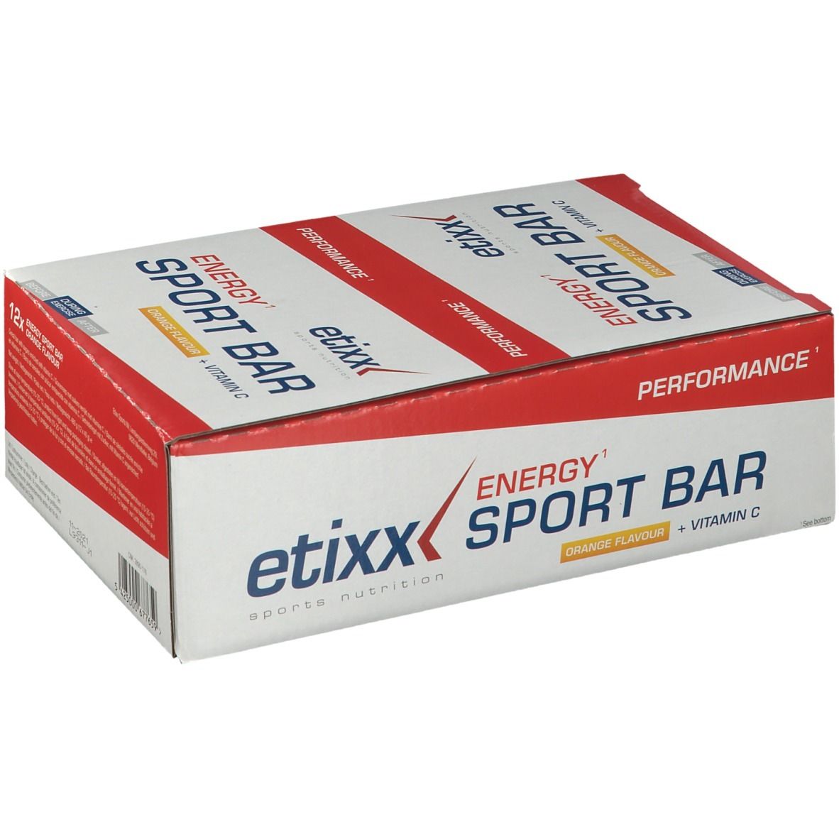 Scatola Etixx Energy Sport Bar Orange. Scritta: Energy Sport Bar, Orange Flavour, Vitamina C. Confezione da 12 barrette.