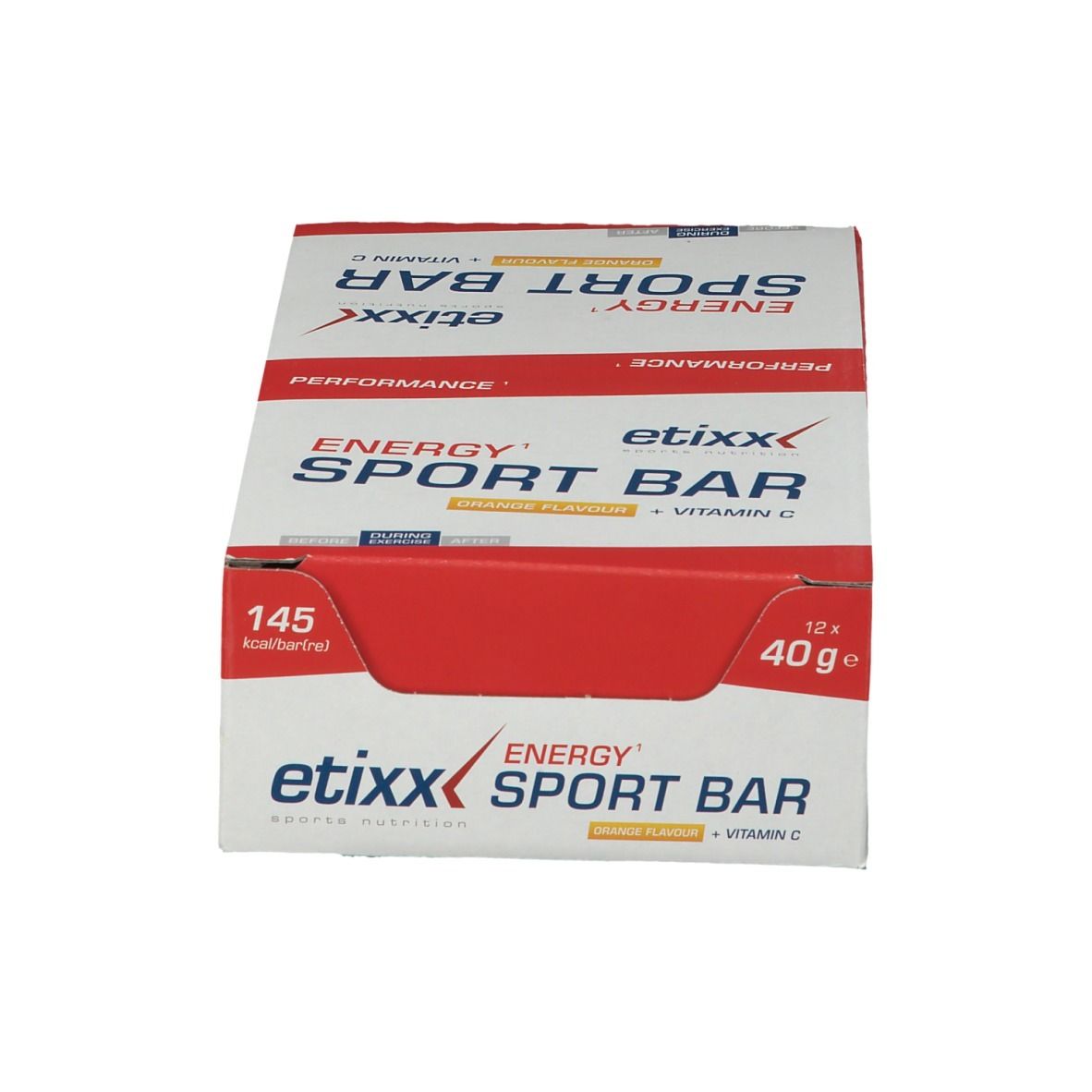 Scatola Etixx Energy Sport Bar Orange. Contiene 12 barrette. Scritta: Energy Sport Bar, 145 kcal, 40g.