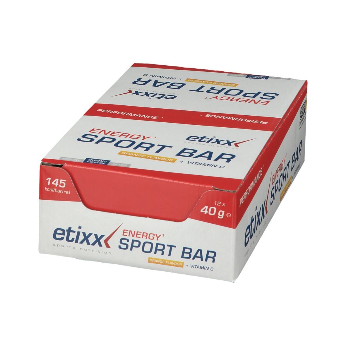 Scatola Etixx Energy Sport Bar Orange. Contiene 12 barrette. Scritta: Energy Sport Bar, 145 kcal, 40g.