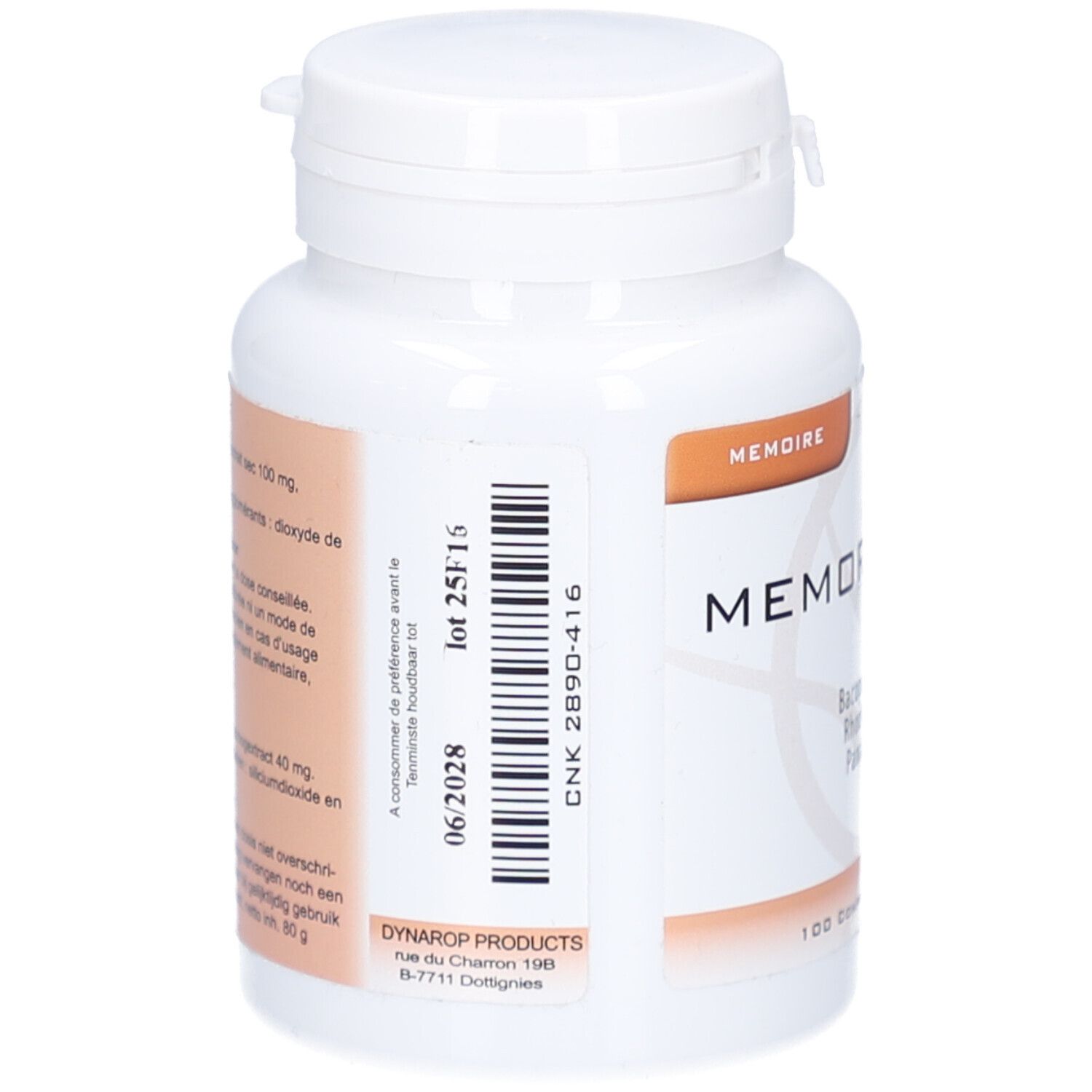 Retro di un flacone di compresse bianco. Contiene ingredienti, istruzioni per l'uso e informazioni sul produttore. Peso netto 80 g.