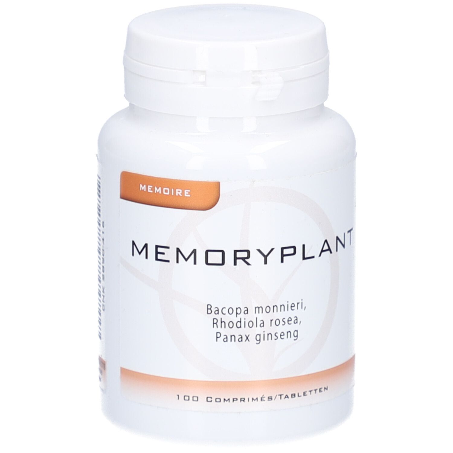 Flacone di compresse bianco con etichetta marrone. Scritta: Memoire, Memoryplant, 100 compresse/tabletten. Contiene Bacopa monnieri, Rhodiola rosea, Panax ginseng.