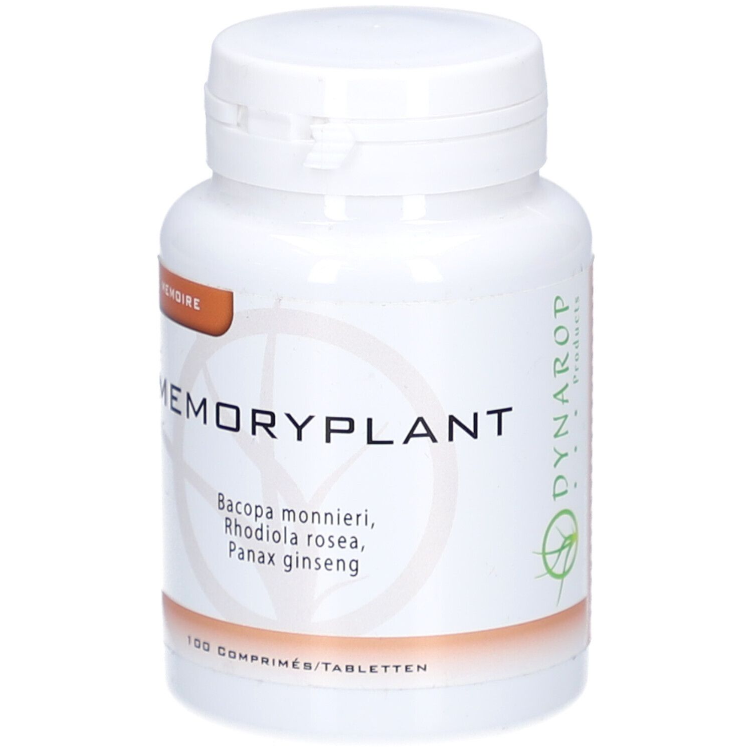 Flacone di compresse bianco con etichetta marrone. Scritta: Memoryplant, 100 compresse/tabletten. Contiene Bacopa monnieri, Rhodiola rosea, Panax ginseng.