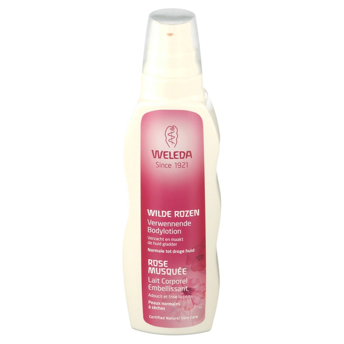 Flacone di lozione per il corpo Weleda. Contenitore bianco con etichetta rosa. Testo: Wilde Rozen, Rose Musquée. Certified Natural Skin Care.