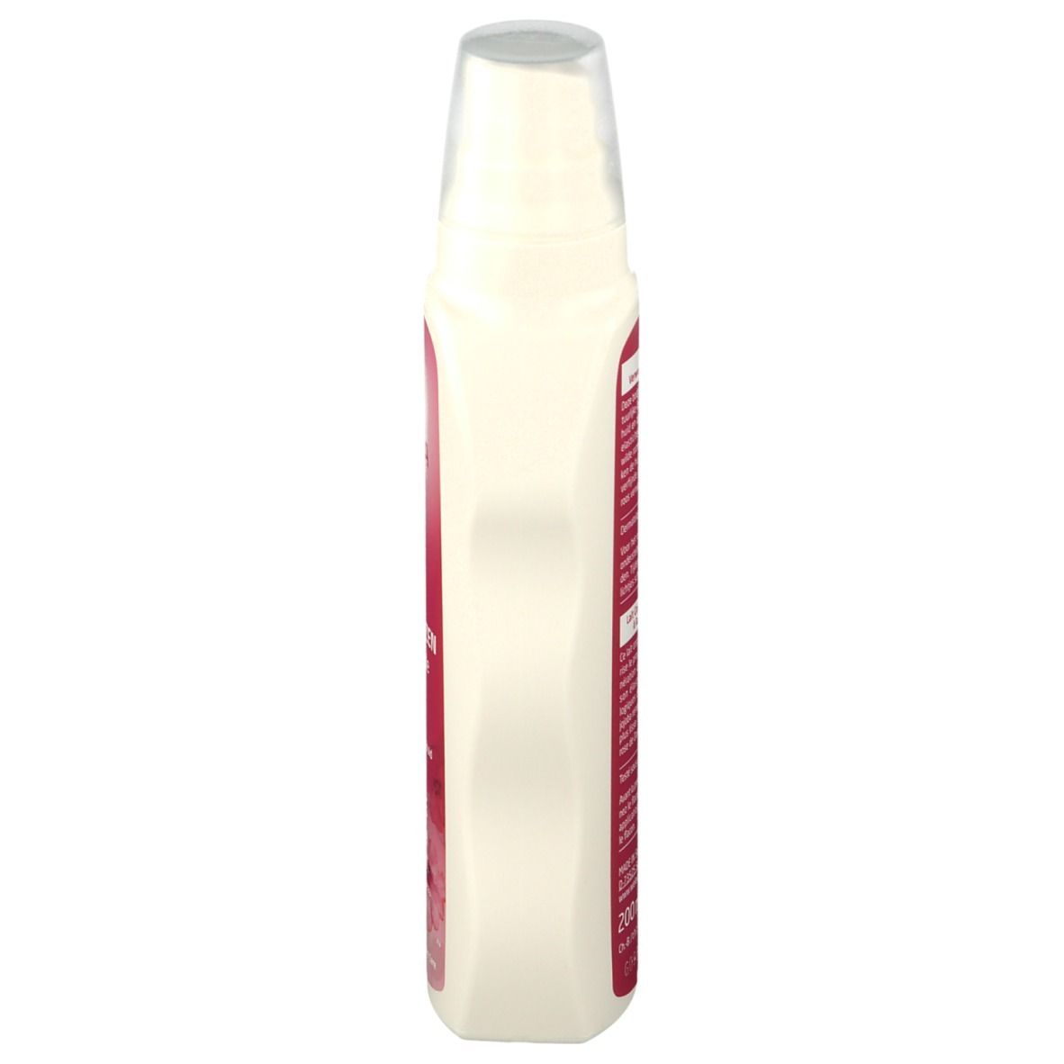 Flacone di lozione per il corpo Weleda. Vista laterale. Contenitore bianco con etichetta rosa. Erogatore trasparente.
