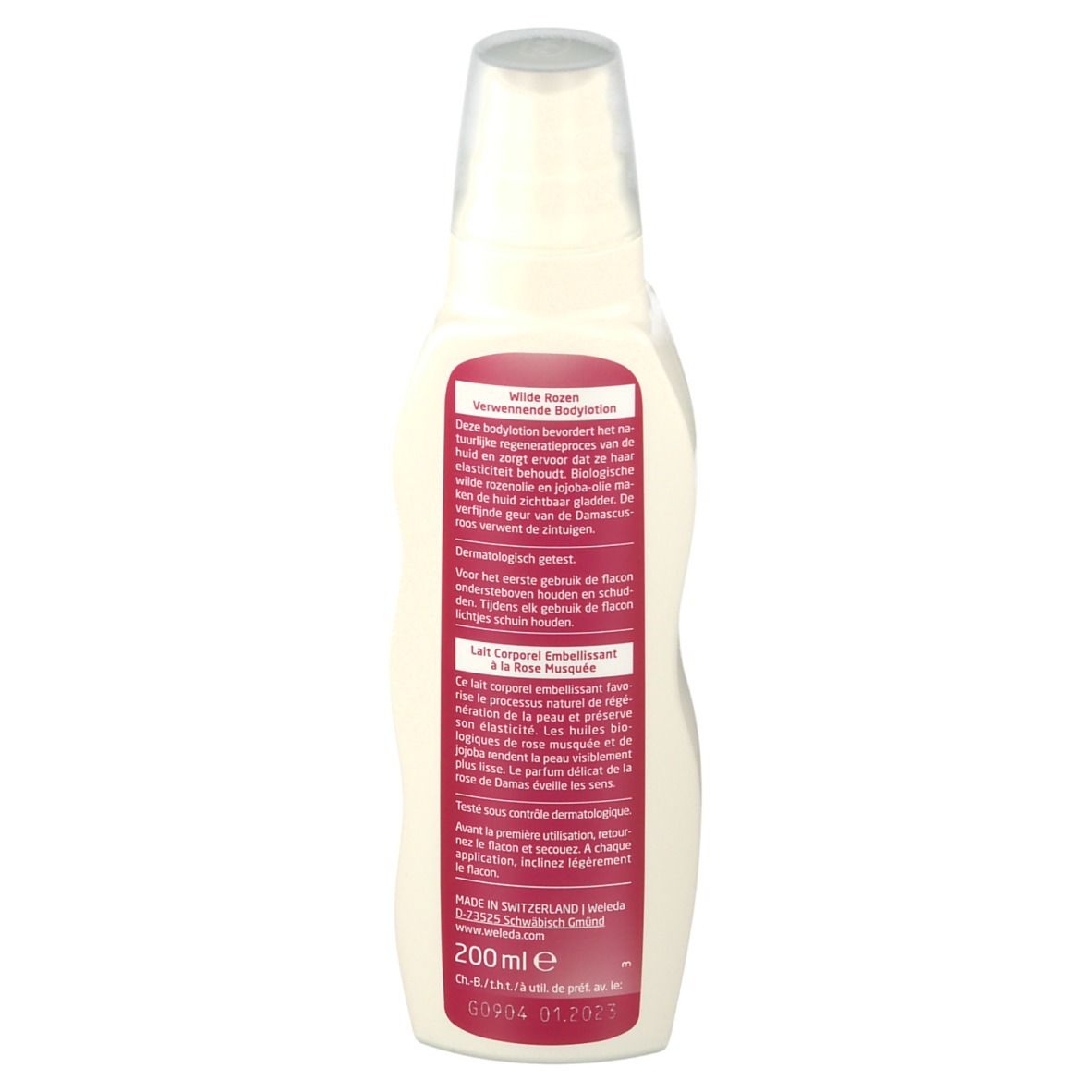 Flacone di lozione per il corpo Weleda. Vista posteriore. Contenitore bianco con etichetta rosa. Testo e ingredienti. Erogatore trasparente.
