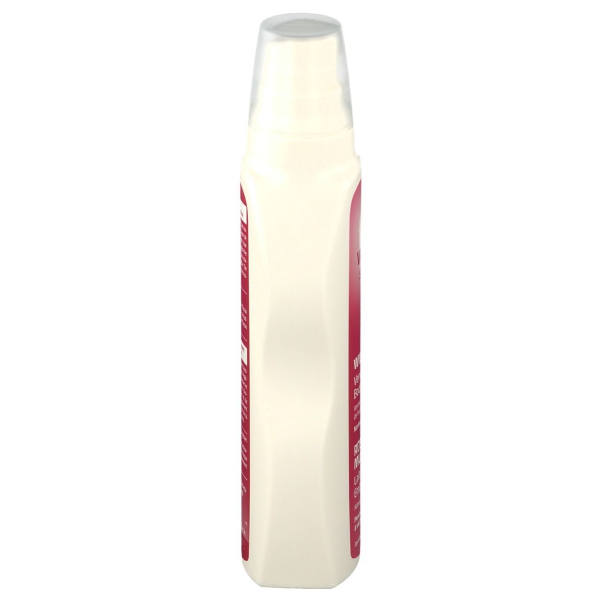 Flacone di lozione per il corpo Weleda. Vista laterale. Contenitore bianco con etichetta rosa. Erogatore trasparente.