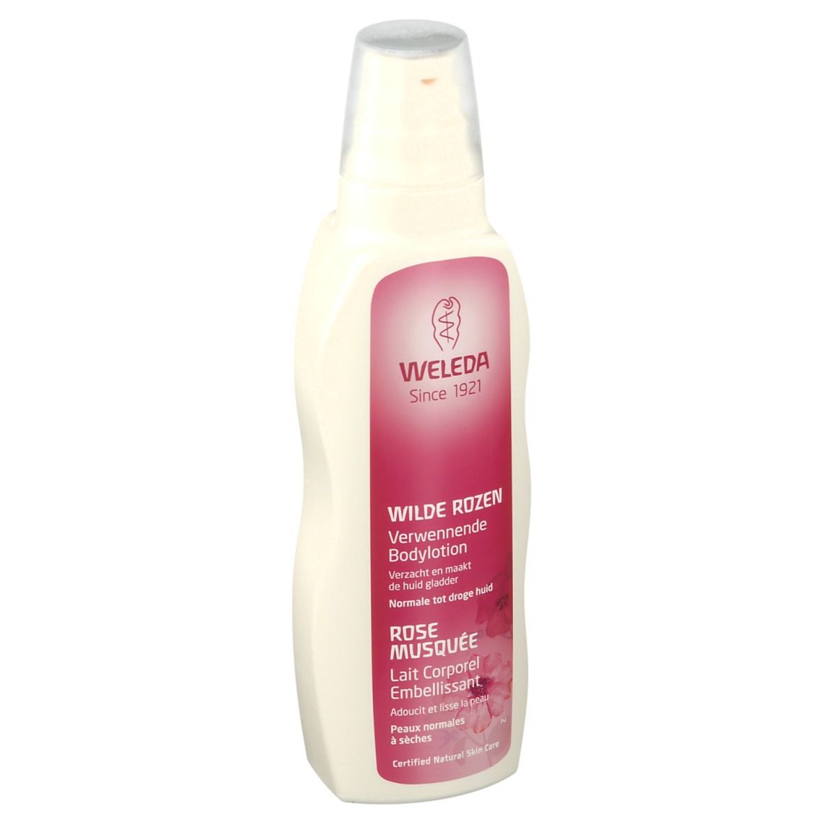 Flacone di lozione per il corpo Weleda. Contenitore bianco con etichetta rosa. Testo: Wilde Rozen, Rose Musquée. Erogatore trasparente.