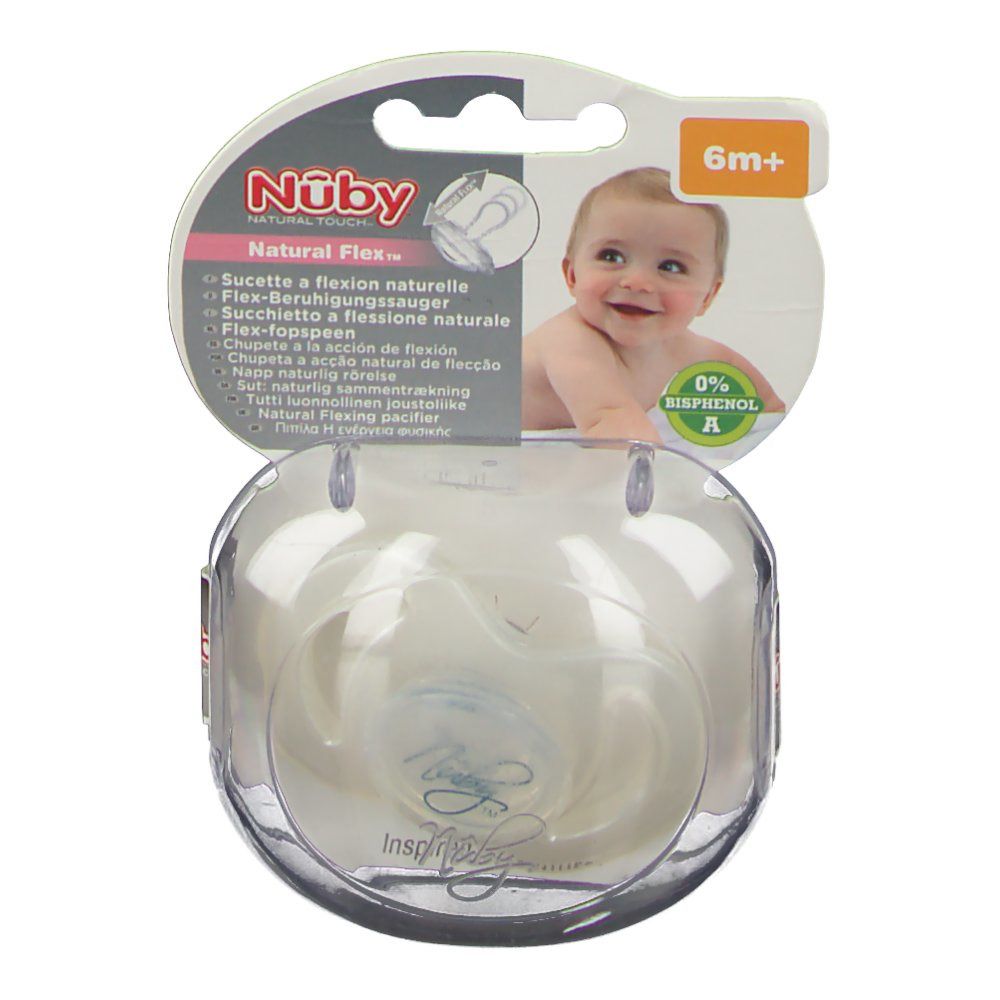 Succhietto in confezione trasparente. Marchio Nûby, scritta 'Natural Touch'. Età consigliata: 6m+. Bambino sulla confezione.