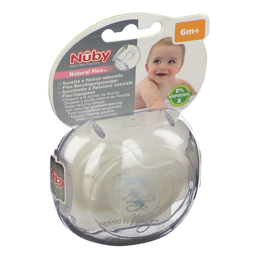 Succhietto nella confezione. Marchio Nûby, scritta 'Natural Touch'. Età consigliata: 6m+. Bambino sulla confezione.