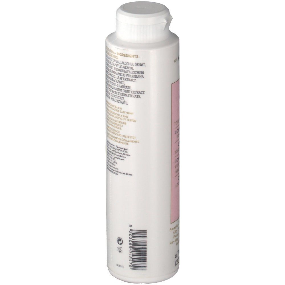 KORRES® Grenade Toner. Bottiglia bianca con etichetta rosa. Testo e ingredienti stampati. Tappo bianco.