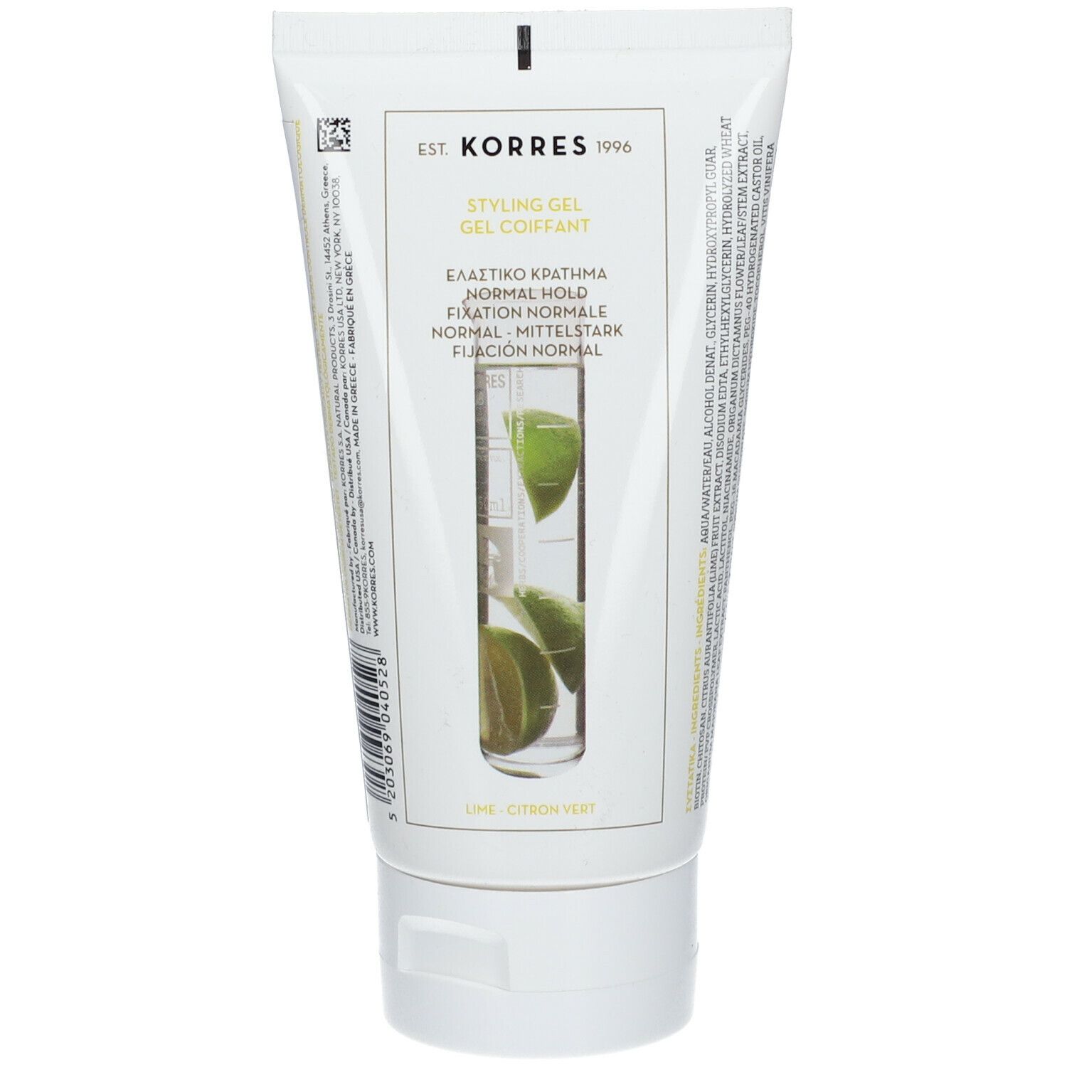 Tubo bianco-verde di gel per lo styling KORRES. Scritta: Styling Gel, Normal Hold. Illustrazione di lime. Nome del prodotto e marchio visibili.