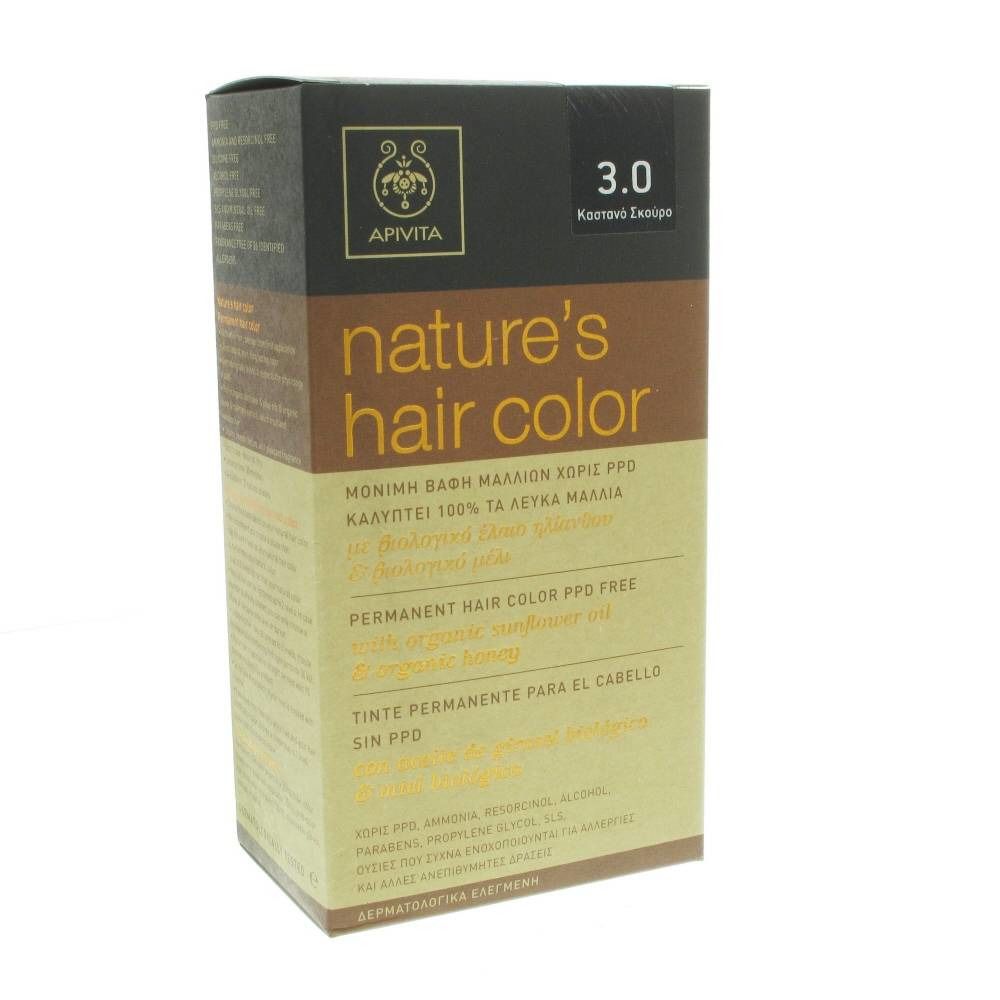Scatola di tinta per capelli. Scritta: nature's hair color, 3.0, Permanent Hair Color PPD free. Contiene olio di girasole e miele. Marchio Apivita.