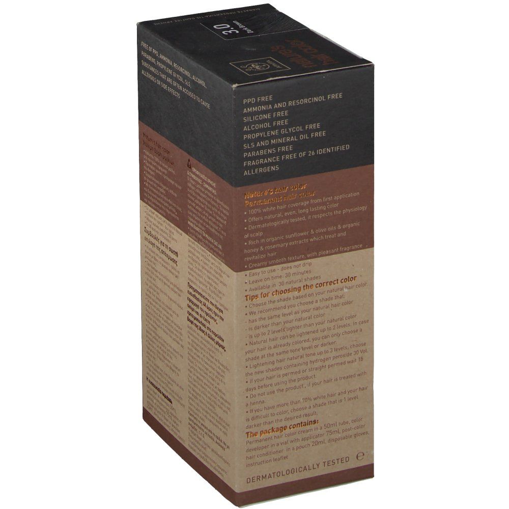 Scatola di tinta per capelli, vista laterale. Contiene informazioni sugli ingredienti, come senza PPD, senza ammoniaca, senza resorcina. Dermatologicamente testato.