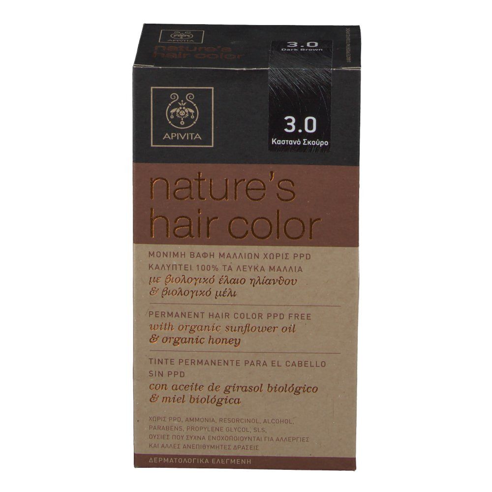 Scatola di tinta per capelli. Scritta: nature's hair color, 3.0, Permanent Hair Color PPD free. Contiene olio di girasole e miele. Marchio Apivita.