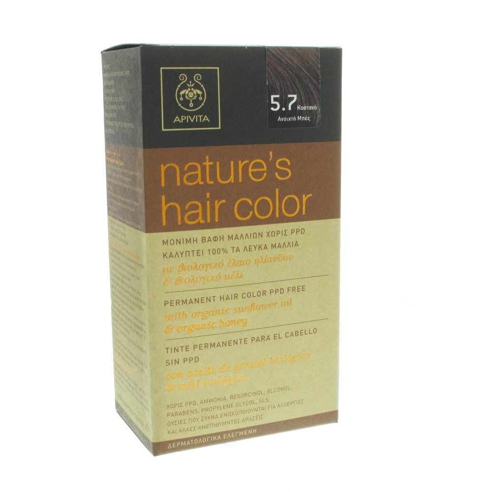 Confezione di tinta per capelli Apivita 5.7, castano chiaro beige. Scritta: nature's hair color. Senza PPD.