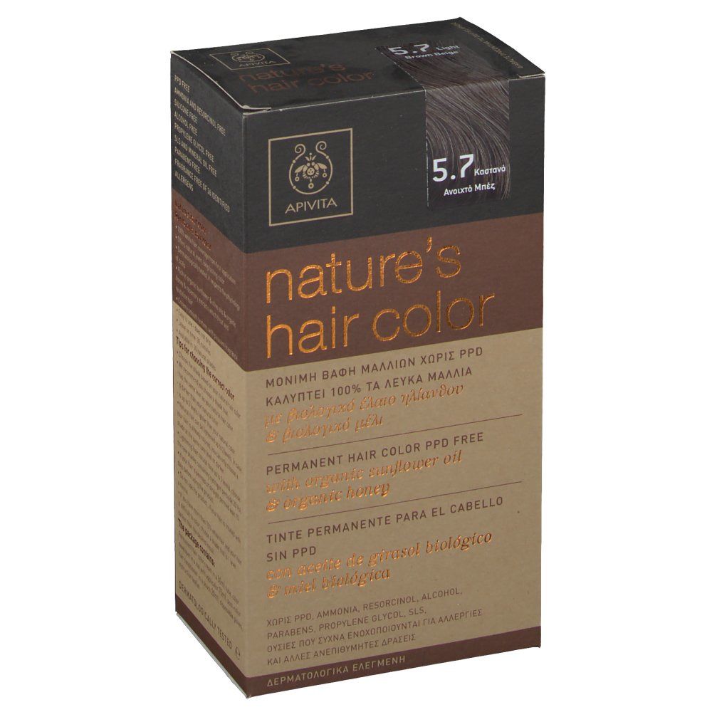 Confezione di tinta per capelli Apivita 5.7, castano chiaro beige. Scritta: nature's hair color. Senza PPD.