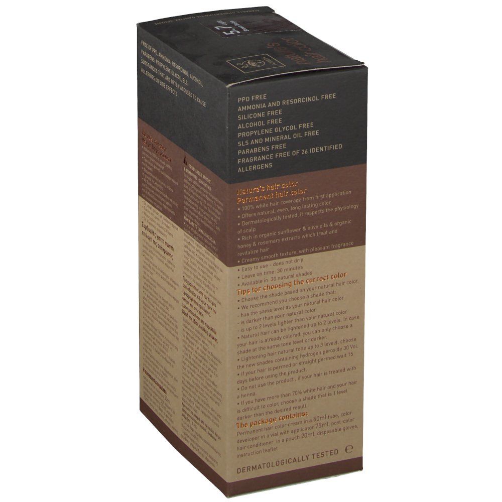Lato confezione tinta per capelli Apivita. Ingredienti e avvertenze. Senza PPD, senza silicone, senza alcol.