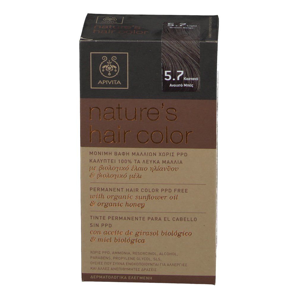 Confezione di tinta per capelli Apivita 5.7, castano chiaro beige. Scritta: nature's hair color. Senza PPD.